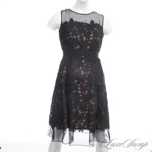 CARMEN MARC VALVO BLACK LACE TOP FLORAL EMBROIDERED GROSGRAIN WAIST DRESS 4
